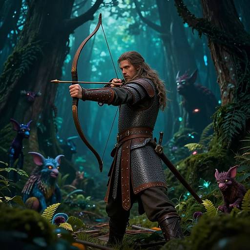 A long-haired archer in medieval armor stands in a mystical, moonlit forest, drawing his bow at fantastical, glowing forest creatures. CGI artwork