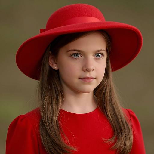Photograph of a young girl with fair skin, blue eyes, and long brown hair, wearing a vibrant red hat and matching red dress, against a