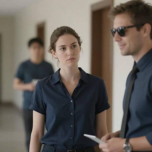Photograph of a serious woman in a black shirt, standing next to a smiling man in sunglasses, holding papers, with a blurred person in the background