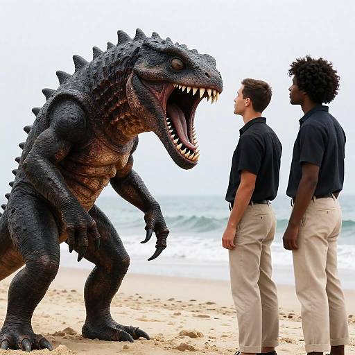 Dramatic Beach Encounter with Reptilian Creature