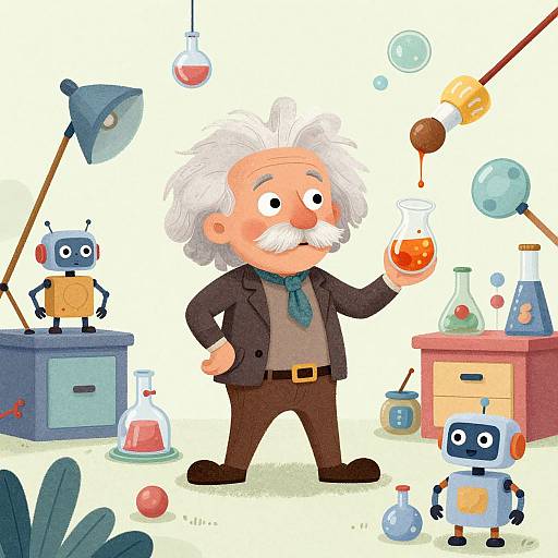 Cartoon illustration of an old scientist with white hair and mustache, wearing a black suit, holding a beaker, surrounded by robots, lab equipment