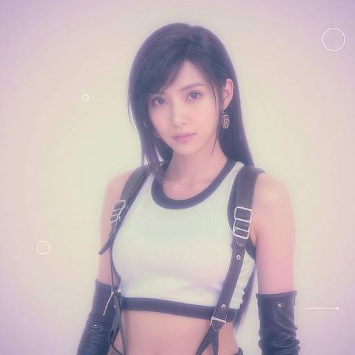 Photograph of an Asian woman with long black hair, wearing a white crop top, black harness, and gloves, against a white background.