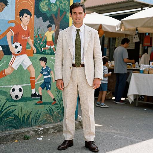 Photograph of a smiling man in a white suit and green tie, standing in front of a colorful mural of soccer players, with market stalls and people