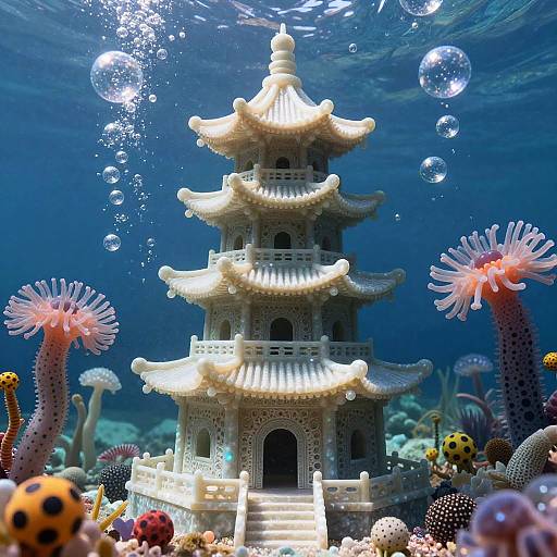 Surreal Underwater Pearlescent Pagoda
