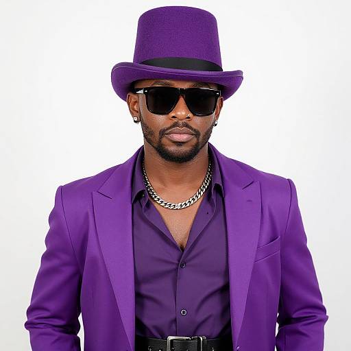 Photograph of a confident Black man in a vibrant purple suit, matching hat, black shirt, silver chain, and dark sunglasses.