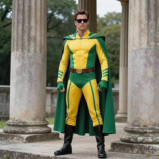 Male Superhero in Green and Yellow Costume Outdoors