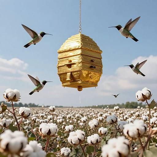 Photograph of four hummingbirds surrounding a golden, honeycomb-style bird feeder above a white cotton field under a clear blue sky.