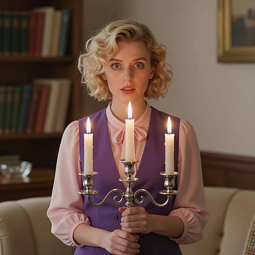 Intense Woman with Candelabrum in Cozy Room