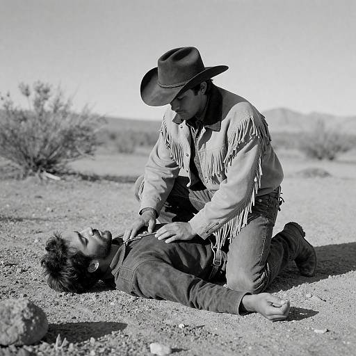 Desert Cowboy Kneeling Over Fallen Man