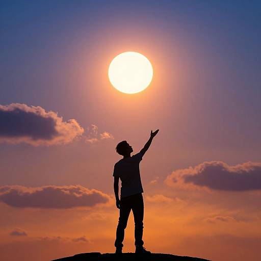 Silhouetted person with raised arm stands on hilltop, gazing at bright sun in vibrant, orange and purple sunset sky.