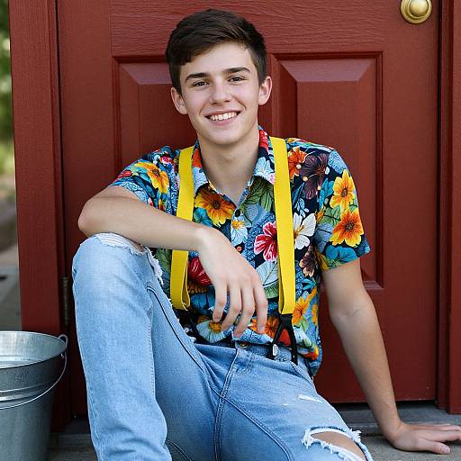 Young man with short brown hair, smiling, wearing colorful floral shirt, yellow suspenders, ripped jeans, sitting against red door, metal bucket nearby.