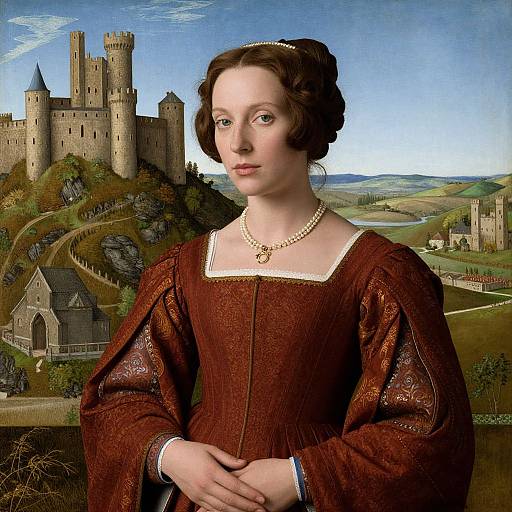 Renaissance-style painting of a fair-skinned woman with brown hair in a red, ornate dress, set against a medieval castle and countryside backdrop