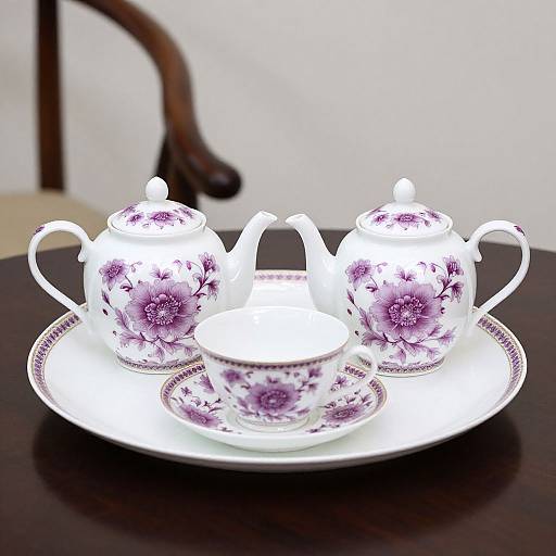 Photograph of a white porcelain tea set with purple floral patterns, including a teapot, teacup, and saucer, on a dark wooden
