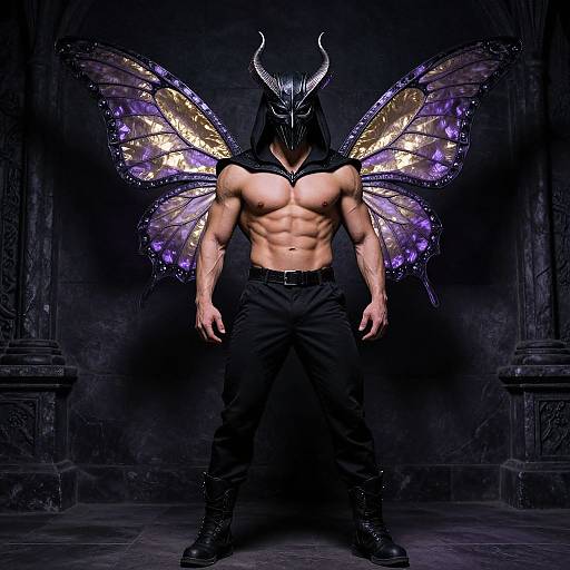 Muscular, shirtless man with black pants and boots, wearing a horned mask, and glowing purple butterfly wings, stands in a dark, go