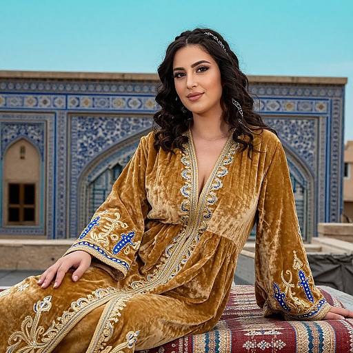 Photograph of a fair-skinned woman with long, wavy black hair, wearing an ornate, gold velvet traditional outfit, seated against a blue