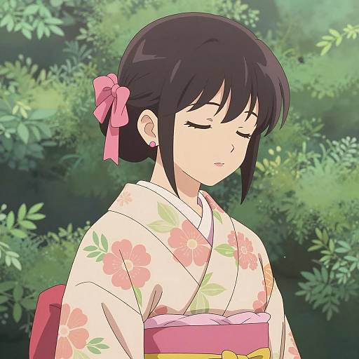 Anime Woman in Floral Kimono with Pink Accessories