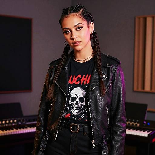 Photograph of a young woman with braided hair, wearing a black leather jacket and 
