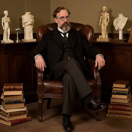 Photograph of a bespectacled, bearded man in a black suit and tie, seated on a leather chair, surrounded by classical statues,
