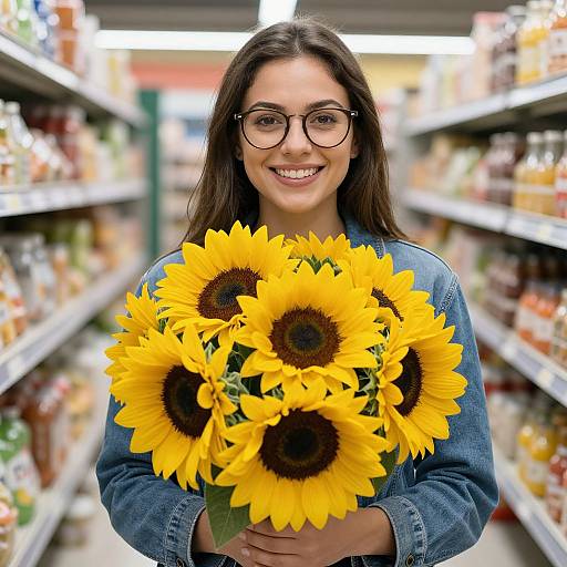 Smiling Woman with Sunflower Bouquet
