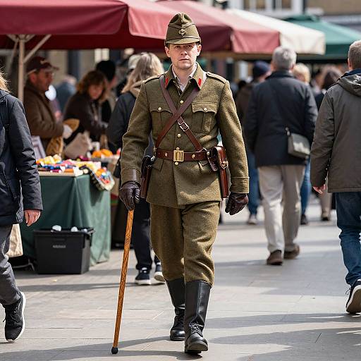 Photograph of a stern, older white man in a WWII German military uniform, black boots, and cap, walking with a cane through a bustling outdoor