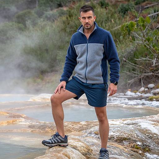 Photograph of a muscular, bearded man with short brown hair, wearing a blue and gray zip-up jacket, black shorts, and athletic shoes,