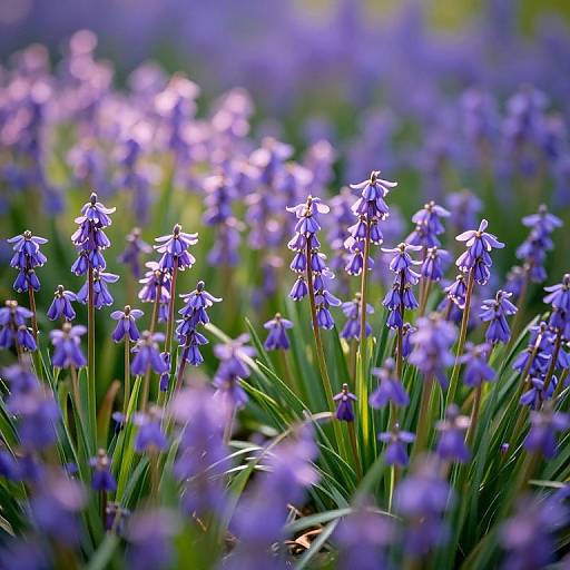 Photograph of a vibrant field of bluebell flowers with delicate purple petals and green stems, set against a softly blurred, sunlit background.