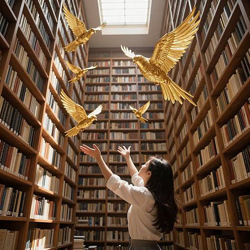 Photograph of a woman in a white blouse reaching up towards three golden phoenixes flying above her in a sunlit, towering library.