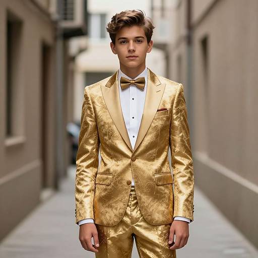Photograph of a young man with brown hair in a shiny gold tuxedo with a bow tie, walking down a narrow urban alley.