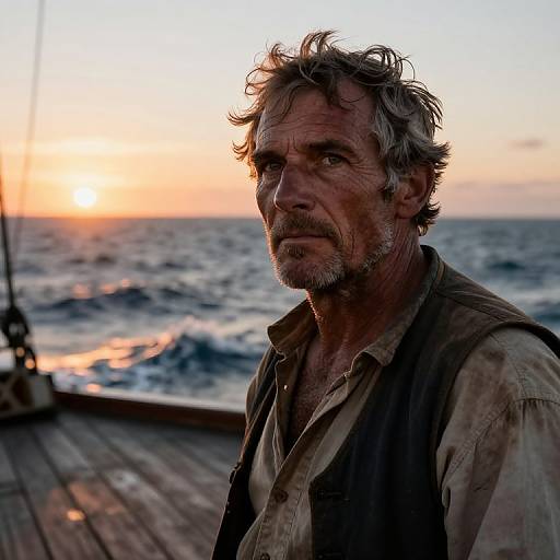 Photograph of a rugged, gray-haired man with a beard, wearing a worn, brown vest over a beige shirt, standing on a wooden deck at