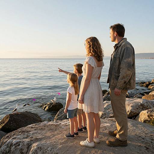 Photograph of a family standing on rocky shoreline at sunset, with three children and one adult pointing at sea, wearing casual summer clothes.
