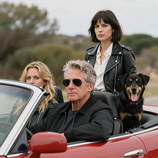 Three People and Dog in Red Convertible