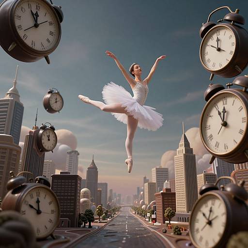 Photograph-like CGI of a ballet dancer in a white tutu and pointe shoes, leaping between floating clocks, over a cityscape with skys