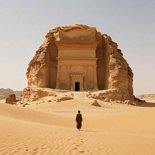 Photograph of a lone figure in desert robes standing before a massive, ancient, sandstone structure with a tall, rectangular entrance, under a clear,