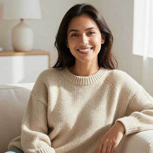 Photograph of a smiling woman with medium-dark skin, long black hair, wearing a beige knit sweater, sitting on a white couch in a sunlit