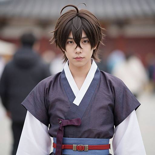 Young Asian male with messy black hair in traditional black and white Korean hanbok, red belt, and serious expression, blurred background. Photorealistic