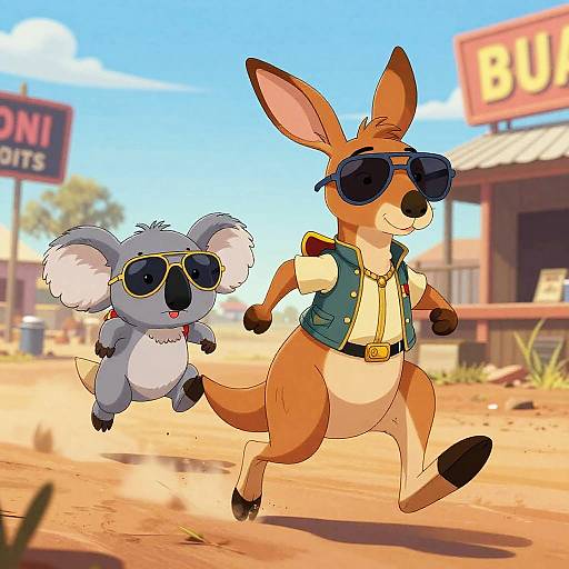 Cartoon kangaroo and koala in sunglasses and vest run through a sunny, dusty Western town with 