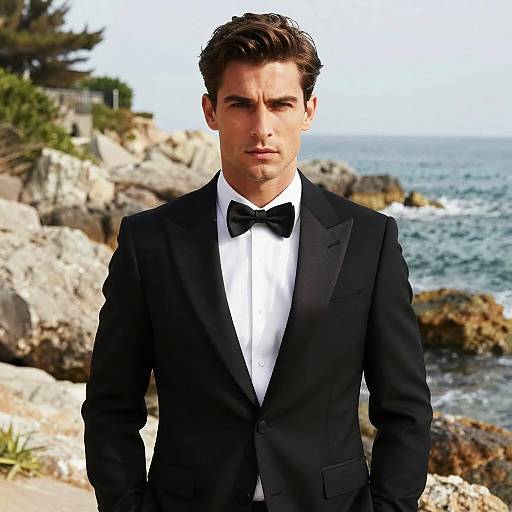 Photograph of a handsome, brown-haired man in a black tuxedo with a black bow tie, standing by a rocky seaside.