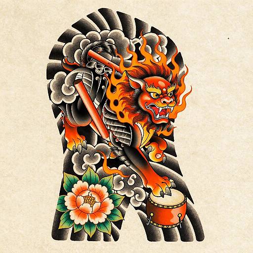 Vividly colored tattoo-style illustration of an angry, fiery lion warrior holding a drum and sword, surrounded by black clouds and a large flower.