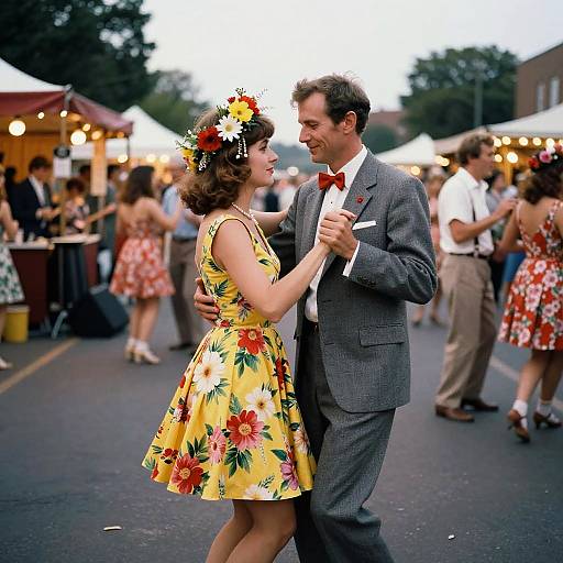 Photograph of a smiling couple dancing at an outdoor evening festival, she in a yellow floral dress and flower crown, he in a gray suit with red