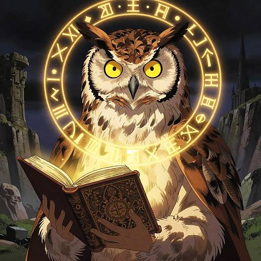Digital illustration of a glowing yellow-eyed owl with brown and white feathers, holding an illuminated book, surrounded by a magical circle with runes, against a dark