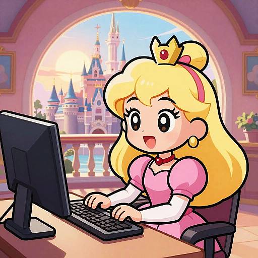 Chibi Anime Princess at Sunrise Desk