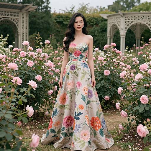 Photograph of a dark-haired woman in a strapless, floral-print gown, standing in a rose garden with pink flowers and white ornate gazeb