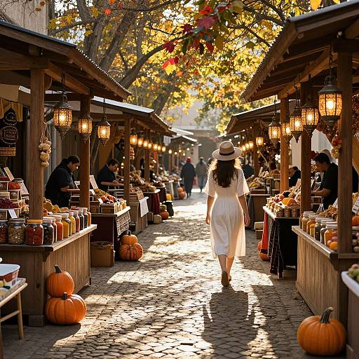 Photograph of a sunlit, autumnal market street with cobblestones, wooden stalls, hanging lanterns, pumpkins, and a woman in