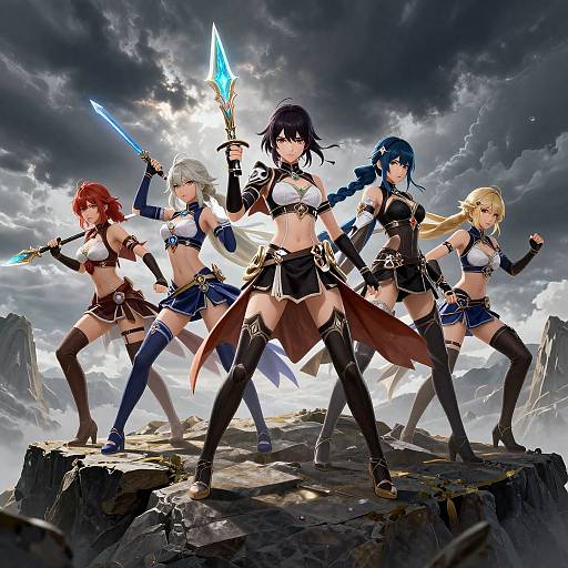Digital anime artwork of five fierce female warriors with glowing swords, blue and gray sky, rocky landscape, and dramatic lighting.