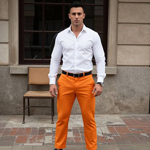 Photograph of a muscular man with short black hair, wearing a white shirt, bright orange pants, and black belt, standing confidently in front of a