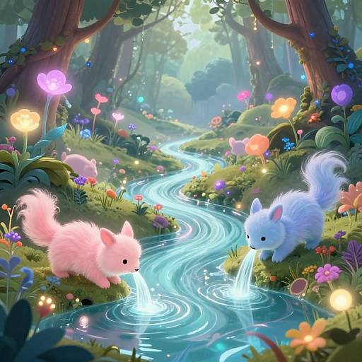 Digital artwork of two fluffy, glowing fox kits—one pink, one white—drinking from a luminous, winding stream in a magical forest.