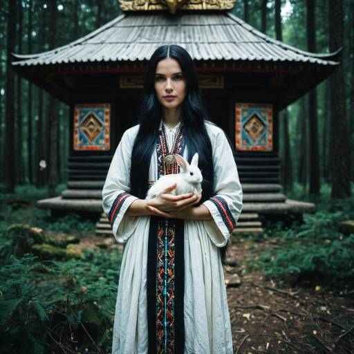 Slavic Deity Holding White Rabbit in Forest