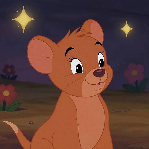 Digitally-drawn cartoon mouse with large eyes and a cute smile, sitting under a night sky with two glowing stars and pink flowers in the background.