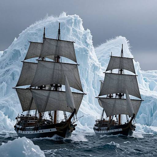 Photograph of two vintage sailboats with dark sails navigating icy, turbulent waters with towering blue-white icebergs in the background.