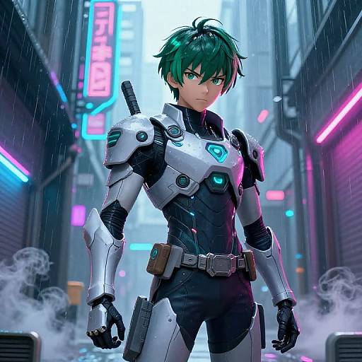 Futuristic Neon Warrior with Green Hair